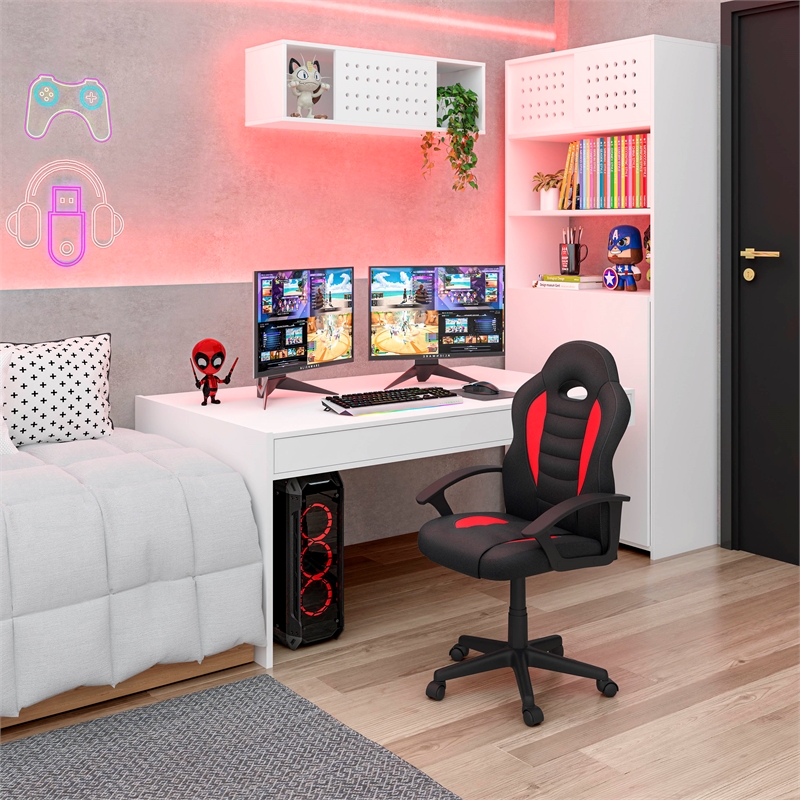 Pemberly Row Faux Leather Kids Gaming and Student Racer Chair in Red/Black