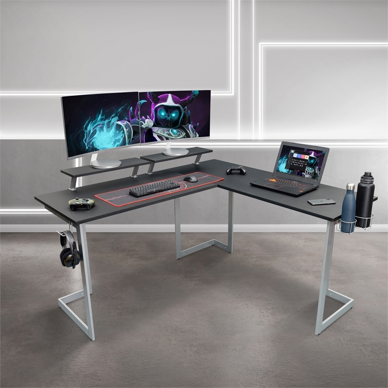 Pemberly Row Contemporary Engineered Wood L-Shaped Gaming Desk in Black