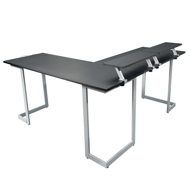 Pemberly Row Contemporary Engineered Wood L-Shaped Gaming Desk in Black