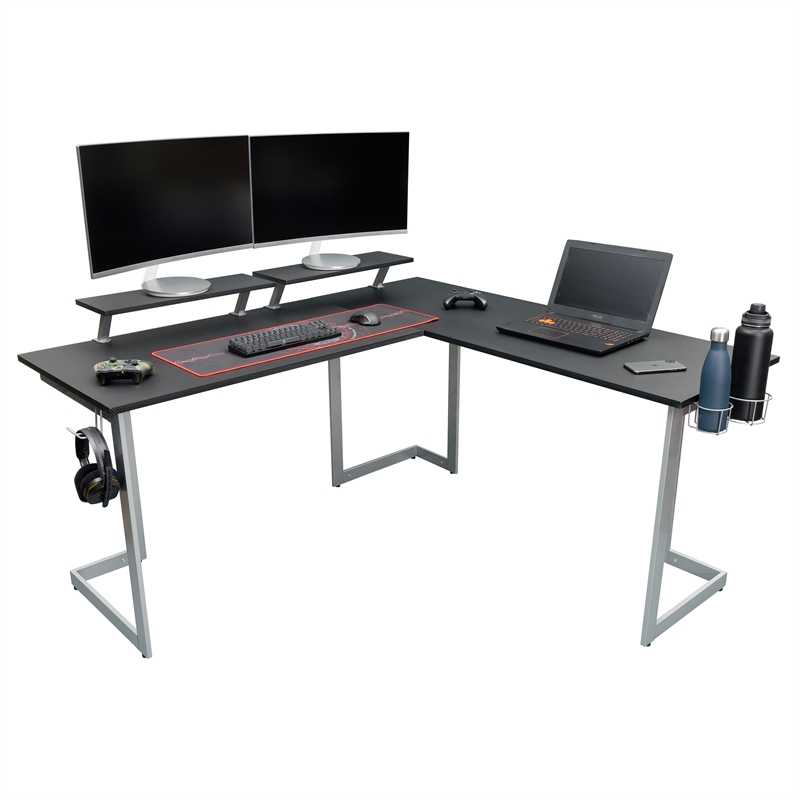 Pemberly Row Contemporary Engineered Wood L-Shaped Gaming Desk in Black