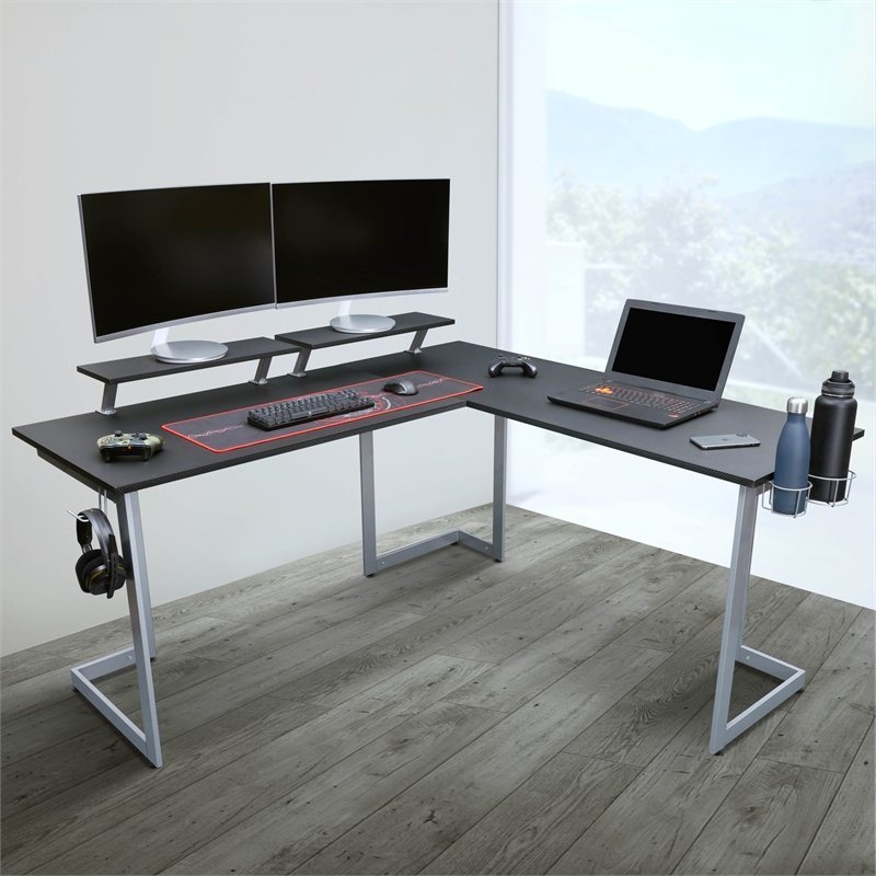 Pemberly Row Contemporary Engineered Wood L-Shaped Gaming Desk in Black