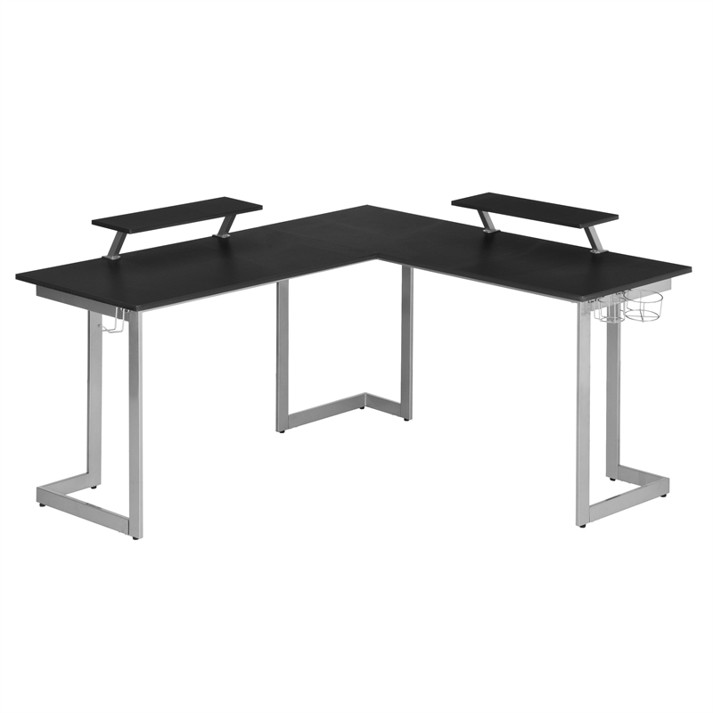 Pemberly Row Contemporary Engineered Wood L-Shaped Gaming Desk in Black