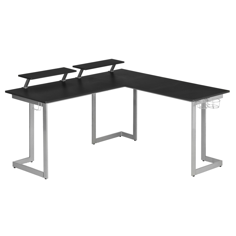 Pemberly Row Contemporary Engineered Wood L-Shaped Gaming Desk in Black