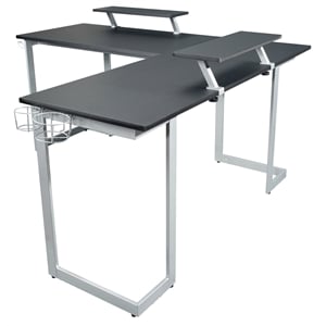 Pemberly Row Contemporary Engineered Wood L-Shaped Gaming Desk in Black