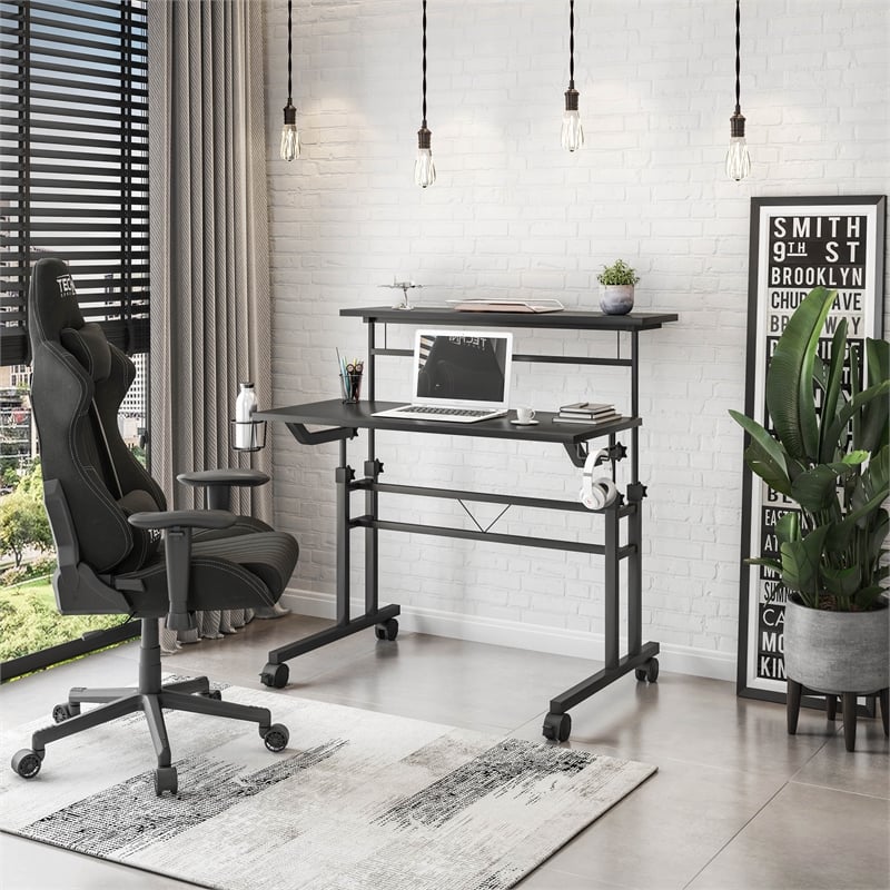 Pemberly Row Engineered Wood Adjustable Desktop/Shelves Writing Desk - Black