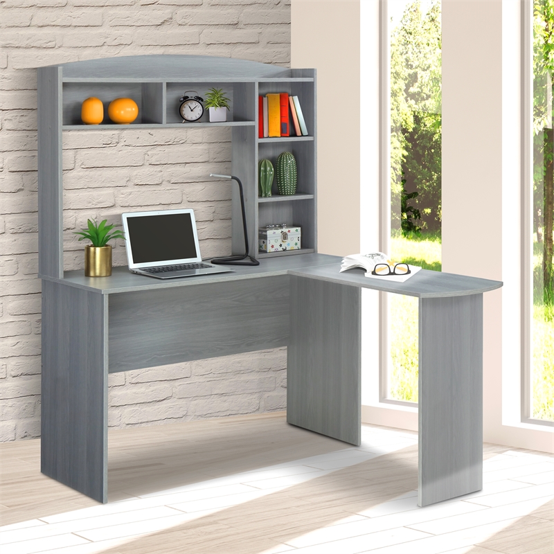 Pemberly Row Modern Engineered Wood L-Shaped Computer Desk with Hutch in Gray