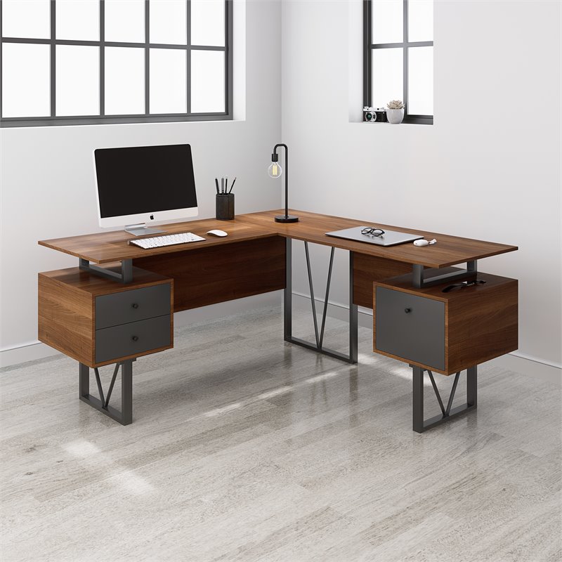 Pemberly Row Reversible Wooden L Shaped Computer Writing Desk in Walnut