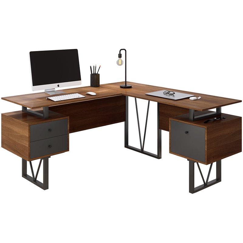 Pemberly Row Reversible Wooden L Shaped Computer Writing Desk in Walnut