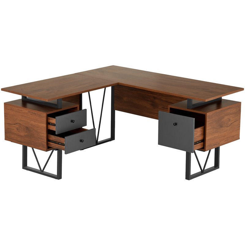 Pemberly Row Reversible Wooden L Shaped Computer Writing Desk in Walnut