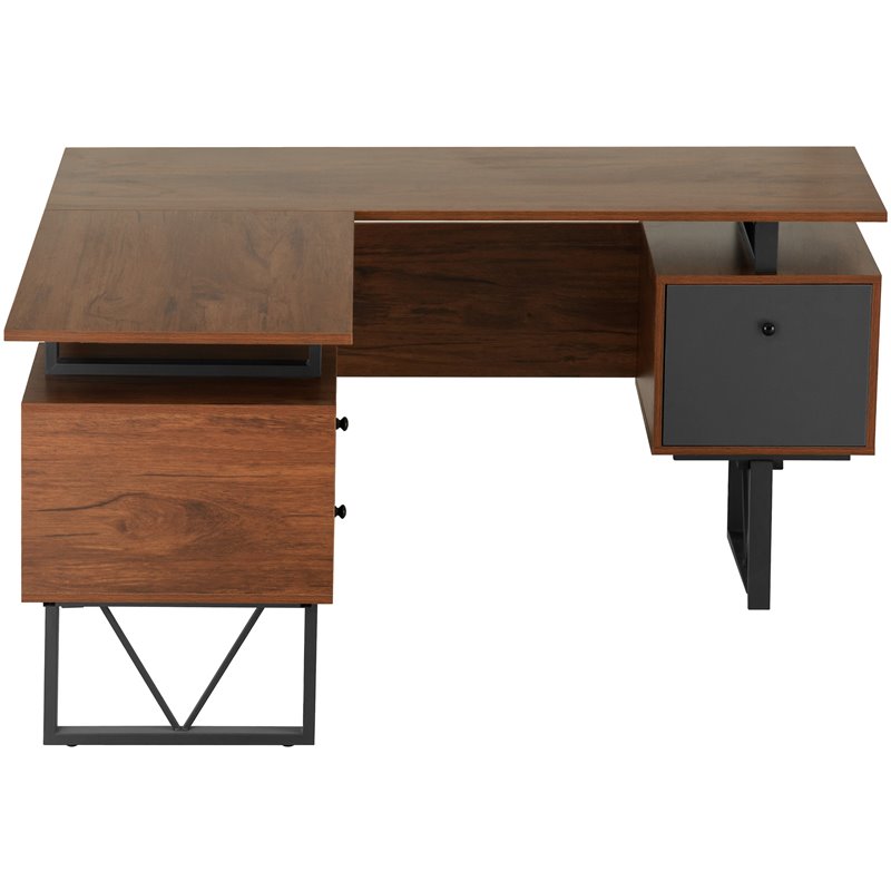 Pemberly Row Reversible Wooden L Shaped Computer Writing Desk in Walnut