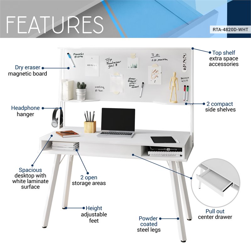 Pemberly Row Computer Writing Desk in White with Magnetic Dry Erase Board