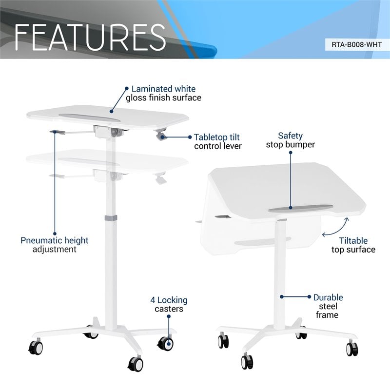 Pemberly Row Wooden Sit to Stand Tiltable Mobile Laptop Stand in White