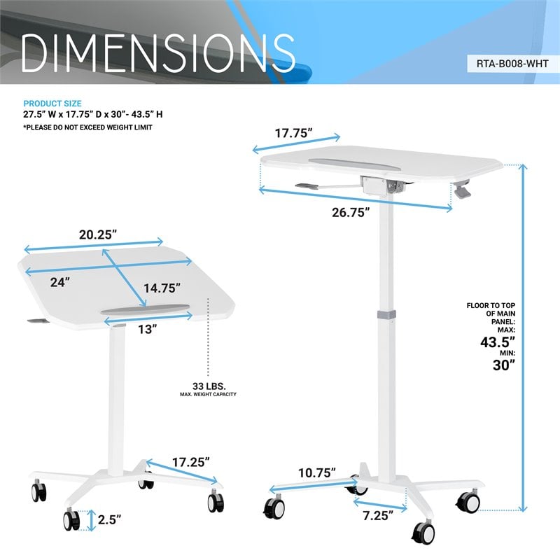 Pemberly Row Wooden Sit to Stand Tiltable Mobile Laptop Stand in White