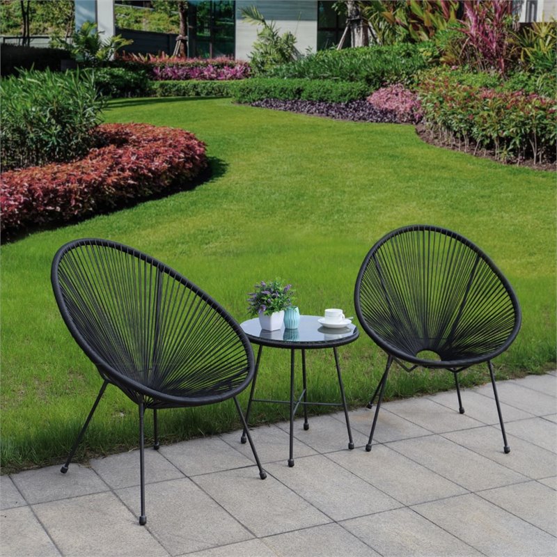 Pemberly Row Contemporary 3 Piece Conversation Patio Set in Black