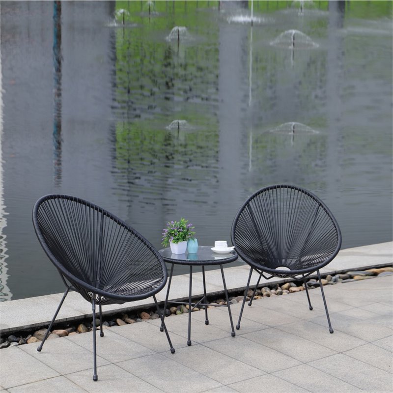 Pemberly Row Contemporary 3 Piece Conversation Patio Set in Black