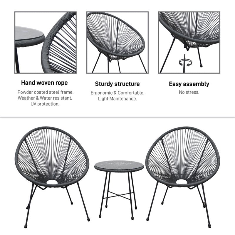 Pemberly Row Contemporary 3 Piece Conversation Patio Set in Gray