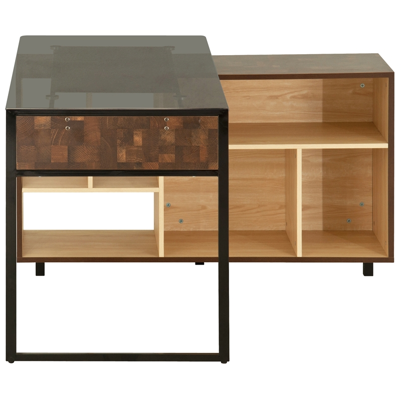 Pemberly Row L-Shaped Glass Table Top Corner Desk with Multiple Storage in Oak