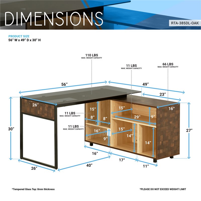 Pemberly Row L-Shaped Glass Table Top Corner Desk with Multiple Storage in Oak
