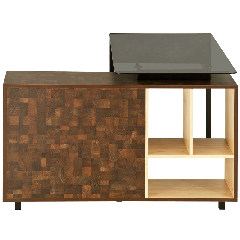 Pemberly Row L-Shaped Glass Table Top Corner Desk with Multiple Storage in Oak