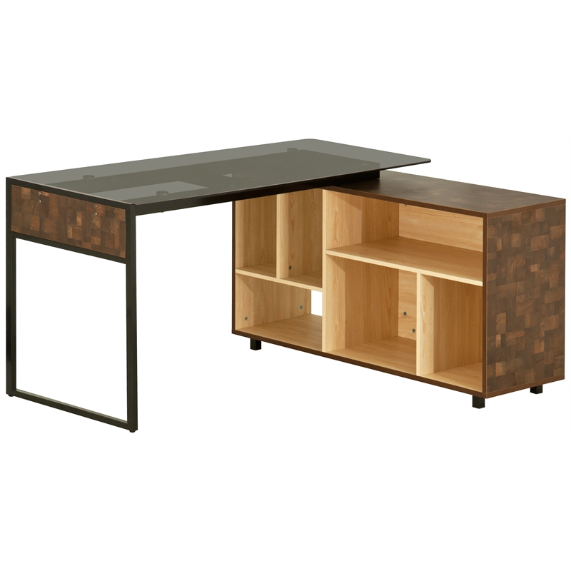 Pemberly Row L-Shaped Glass Table Top Corner Desk with Multiple Storage in Oak