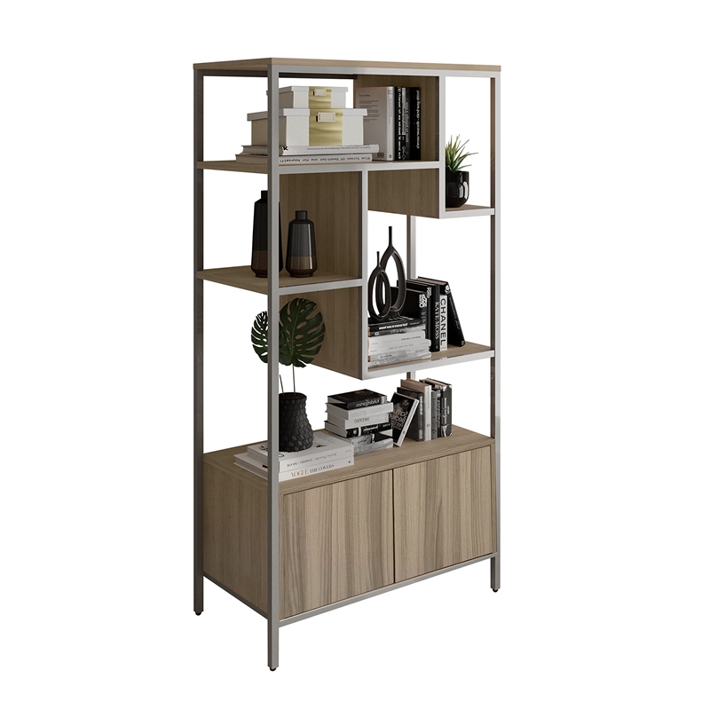Pemberly Row Mid-Century MDF Wood & Metal Storage Rack with Door Cabinet in Oak