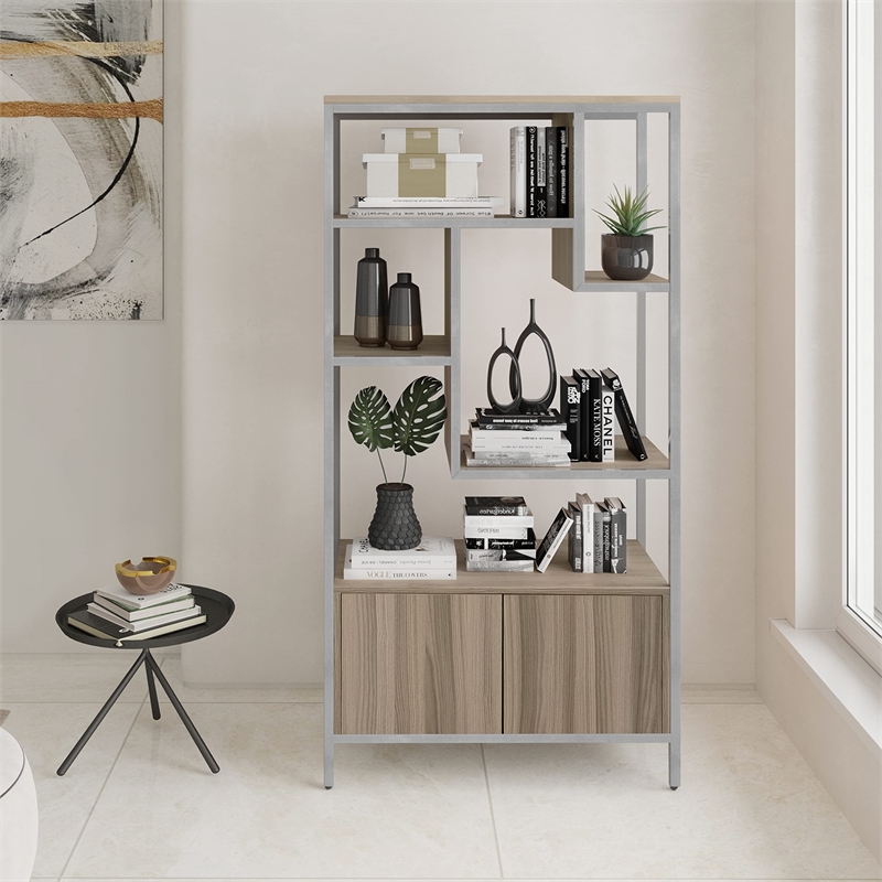 Pemberly Row Mid-Century MDF Wood & Metal Storage Rack with Door Cabinet in Oak