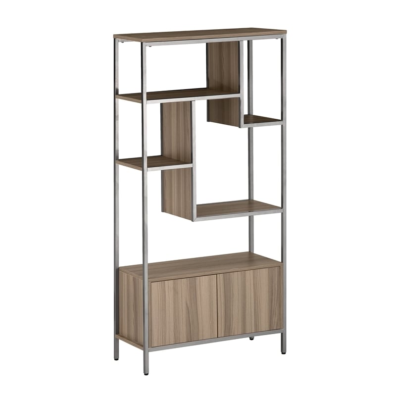 Pemberly Row Mid-Century MDF Wood & Metal Storage Rack with Door Cabinet in Oak
