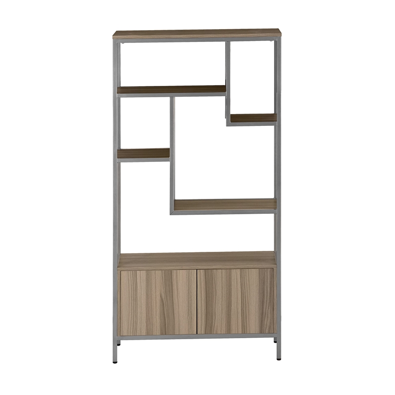 Pemberly Row Mid-Century MDF Wood & Metal Storage Rack with Door Cabinet in Oak