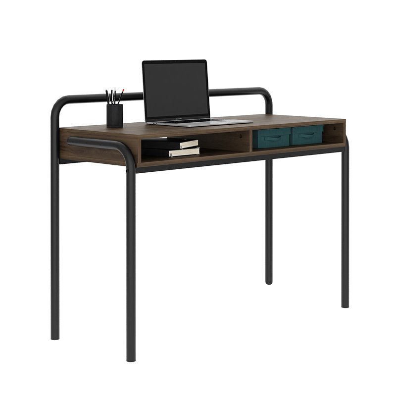 Pemberly Row Modern Wood Workstation Desk with 2 Shelves in Walnut