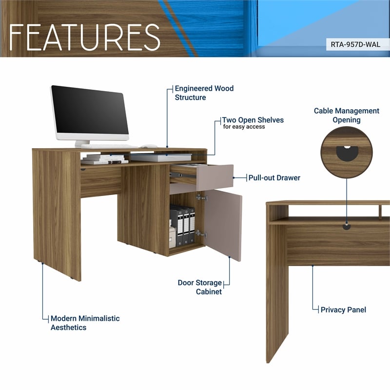 Pemberly Row Modern Engineered Wood Computer Desk with Storage in Walnut