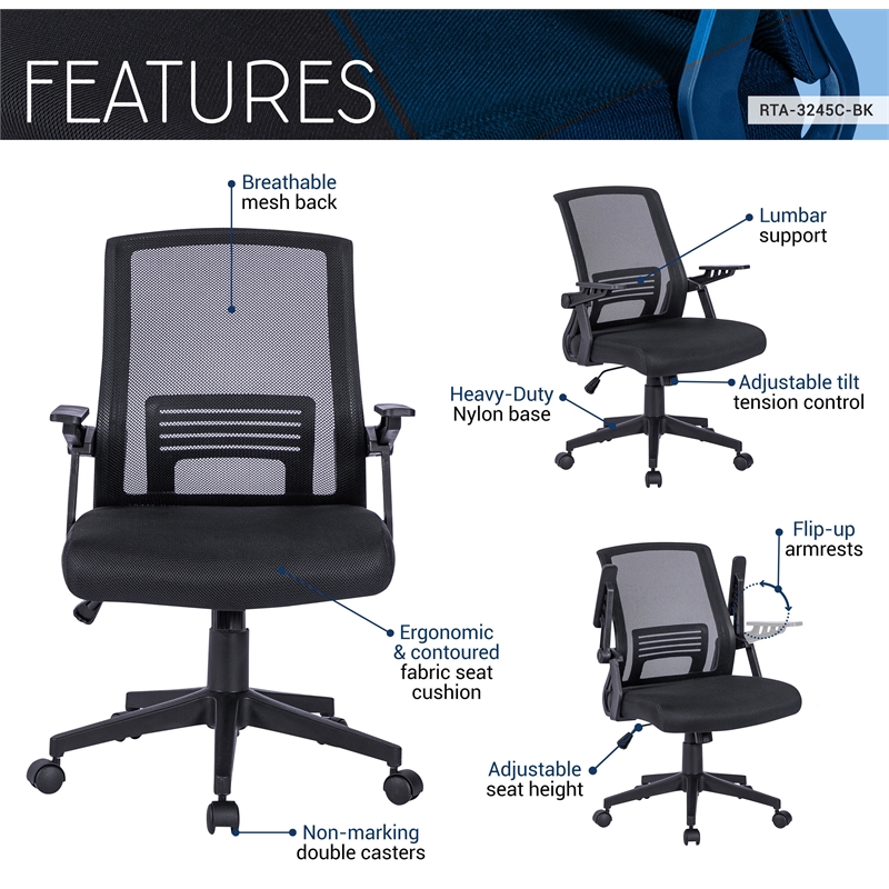Pemberly Row Ergonomic Modern Plastic Mesh Office Chair in Black