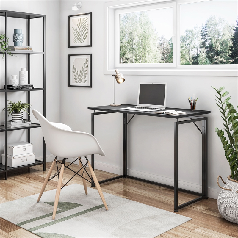 Pemberly Row Modern Wood & Steel Metal Folding Desk in Black