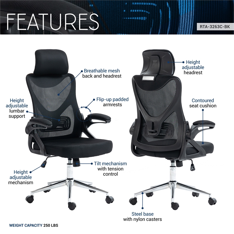 Pemberly Row Modern Mesh & Plastic Ergonomic Office Chair in Black