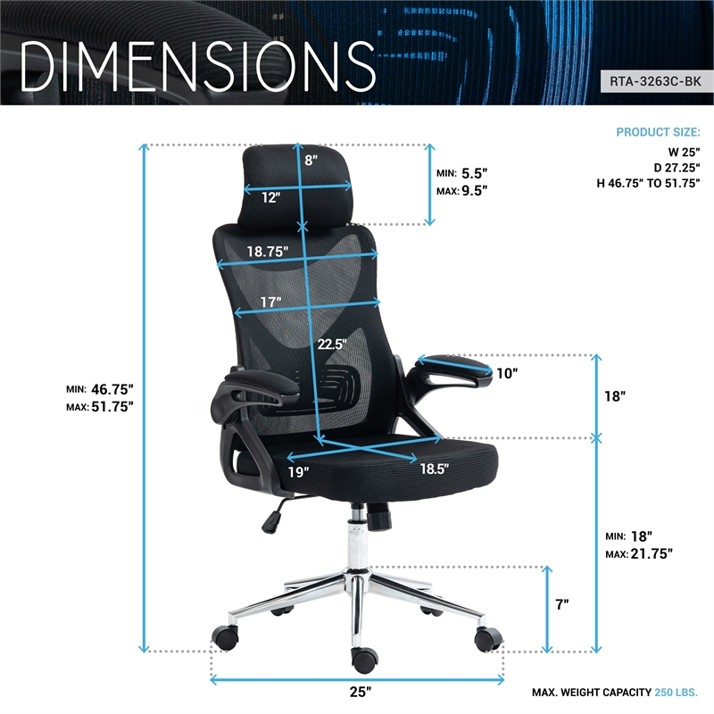 Pemberly Row Modern Mesh & Plastic Ergonomic Office Chair in Black