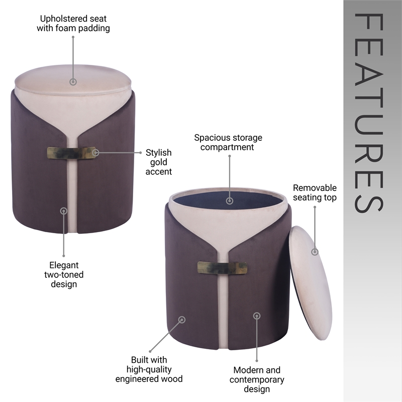 Pemberly Row Two-Toned Ottoman with Storage or Vanity Stool - Brown