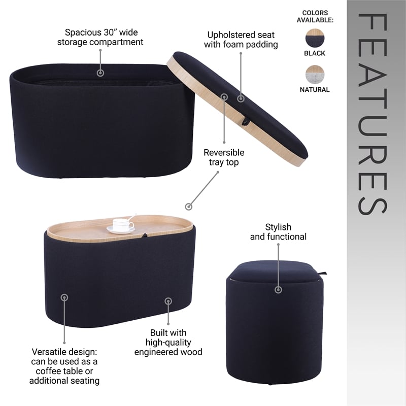 Pemberly Row Storage Ottoman with Reversible Wooden Tray Top - Black