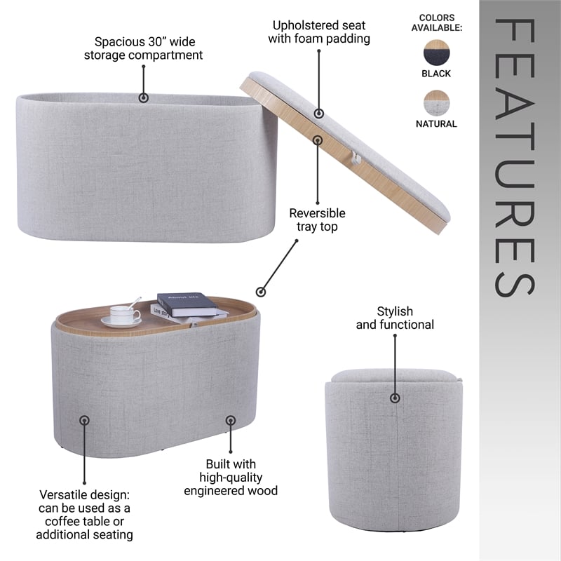 Pemberly Row Storage Ottoman with Reversible Wooden Tray Top - Natural