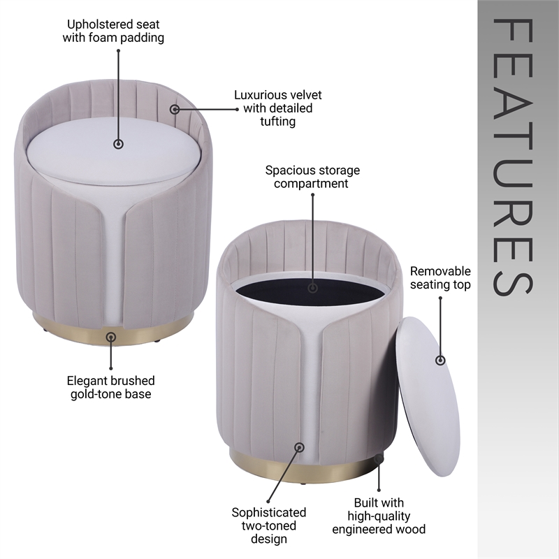 Pemberly Row Two-Toned Ottoman with Storage or Vanity Stool - Taupe