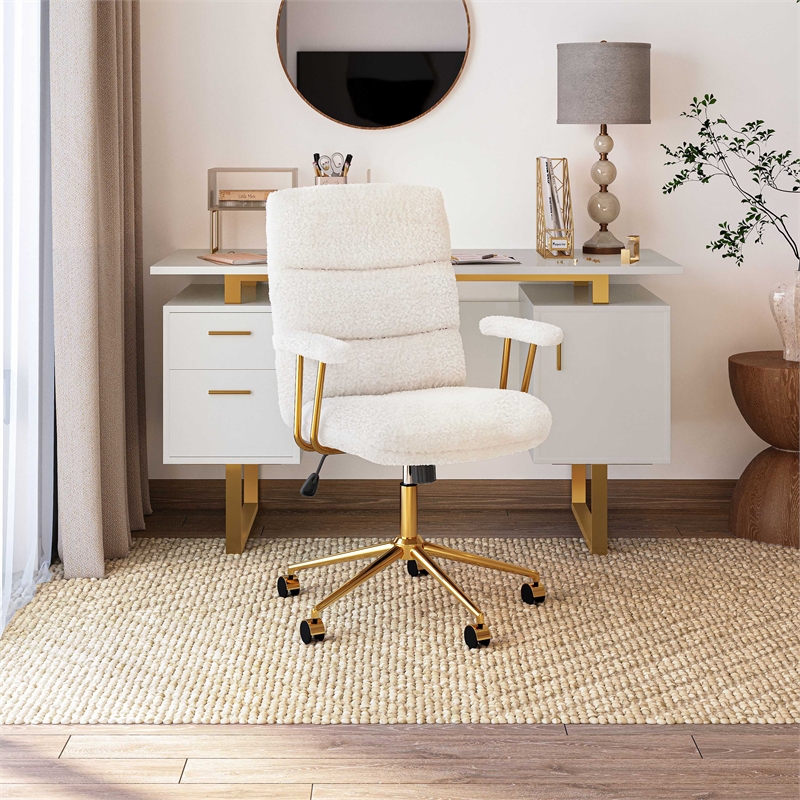 Pemberly Row Textured Boucle Fabric White & Gold Height Adjustable Office Chair