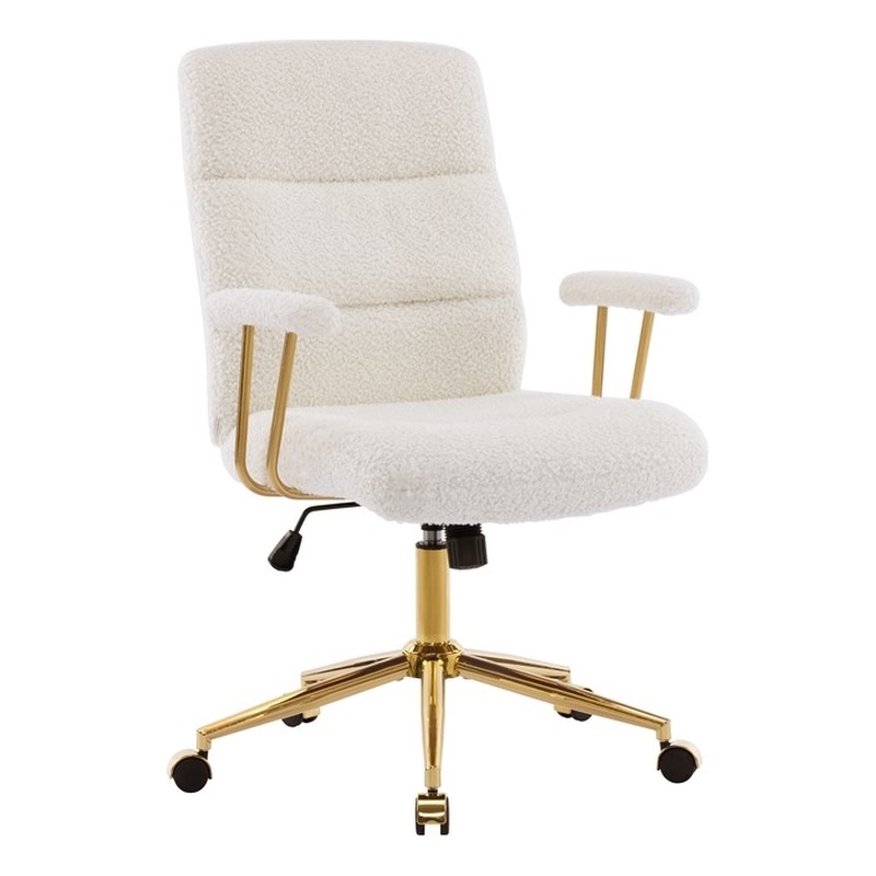 Pemberly Row Textured Boucle Fabric White & Gold Height Adjustable Office Chair