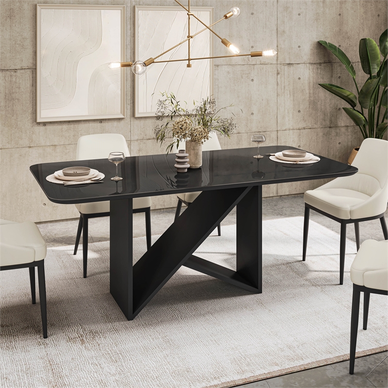 Pemberly Row 6 Seater Italian-Style Dining Table with Painted Glass Top - Black