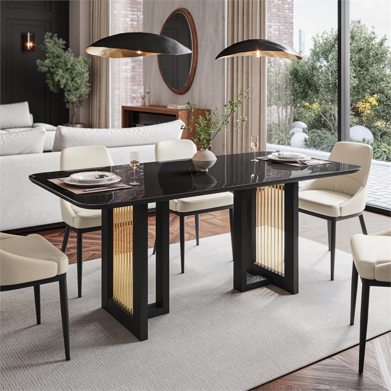 Pemberly Row Modern 6 Seater Dining Table with Gold Accents - Black & Gold