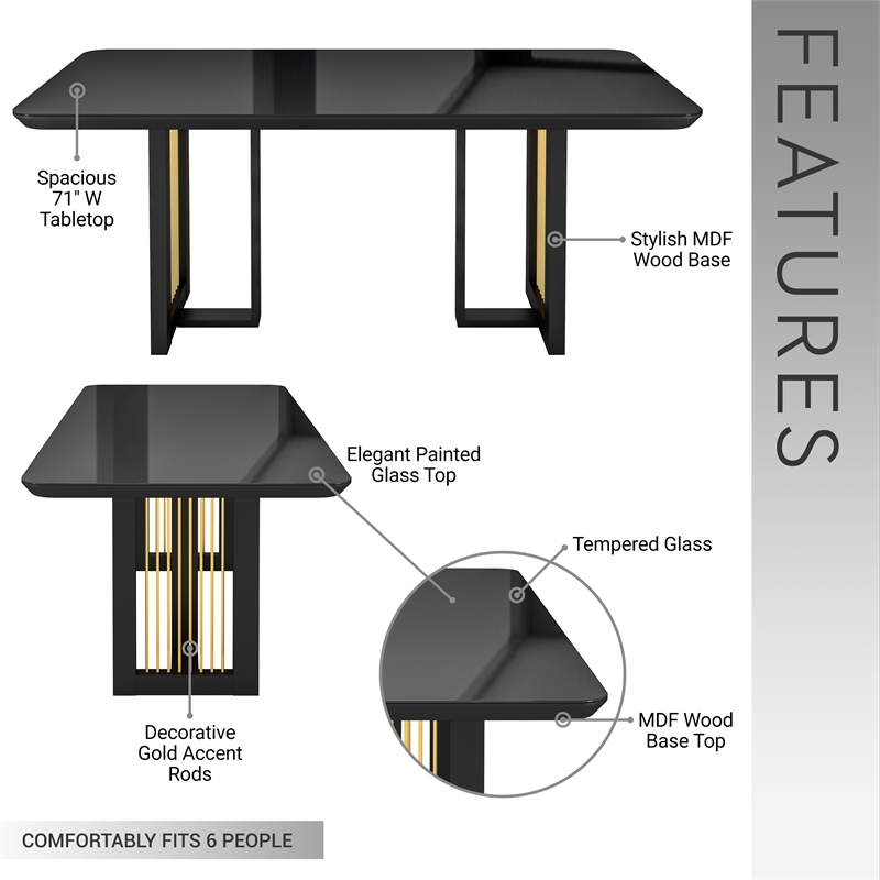 Pemberly Row Modern 6 Seater Dining Table with Gold Accents - Black & Gold