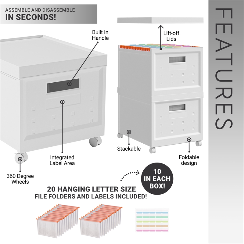 Pemberly Row Set of 2 Stackable Rolling File Boxes with Lids & 10 Hanging Files