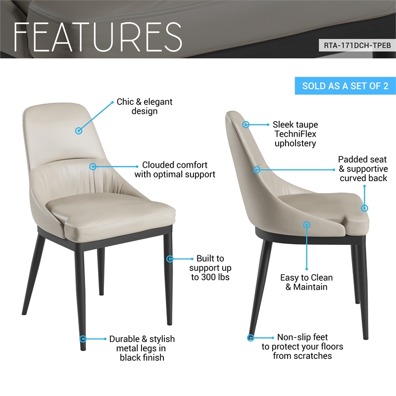 Pemberly Row Armless Taupe Dining Chairs with Black Legs - Set of 2