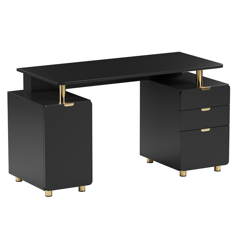 Pemberly Row Executive Desk with 3 Drawers and Cabinet - Black and Gold