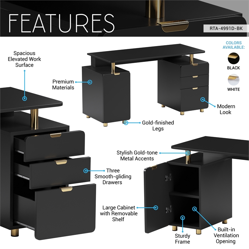 Pemberly Row Executive Desk with 3 Drawers and Cabinet - Black and Gold
