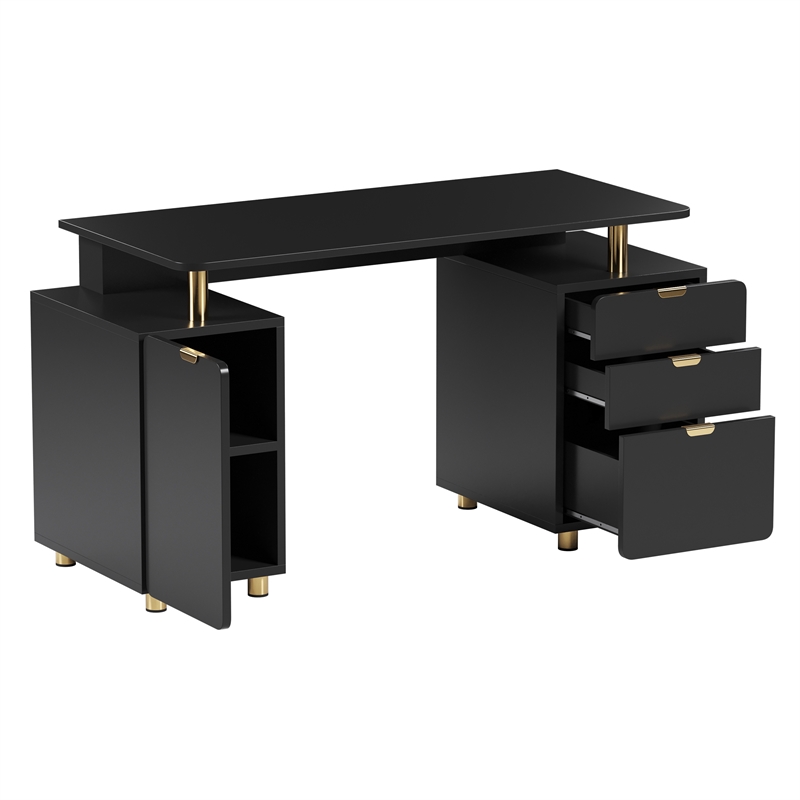 Pemberly Row Executive Desk with 3 Drawers and Cabinet - Black and Gold