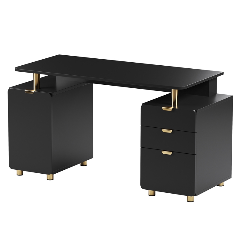 Pemberly Row Executive Desk with 3 Drawers and Cabinet - Black and Gold
