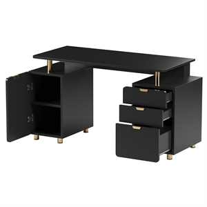 Pemberly Row Executive Desk with 3 Drawers and Cabinet - Black and Gold